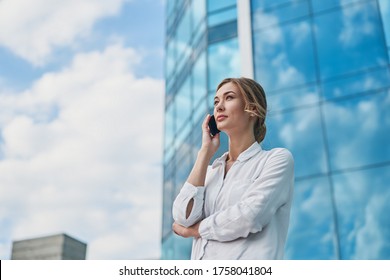 Business Woman Successful Business Person Standing Outdoor With Cell Phone Smiling Elegance Caucasian Female Middle Age Talking Mobile Phone