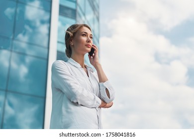 Business Woman Successful Business Person Standing Outdoor With Cell Phone Smiling Elegance Caucasian Female Middle Age Talking Mobile Phone