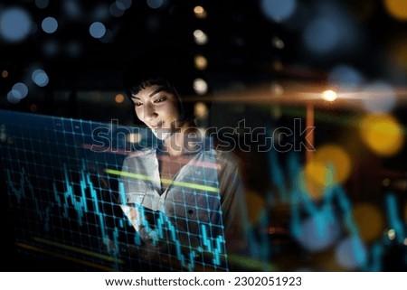 Business woman, tablet and dashboard at night of stock market, trading or graph and chart data at office. Female trader or broker working late on technology checking trends, analytics or statistics