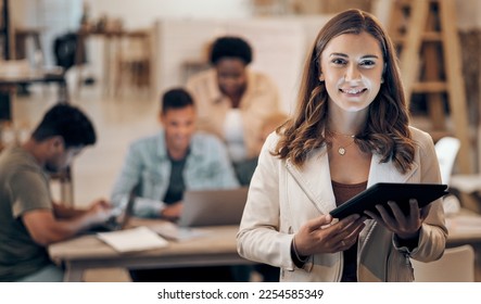 Business woman, tablet and portrait of a digital developer professional with team ready for work. Tech employee, company vision and web job of a female ready for information technology project