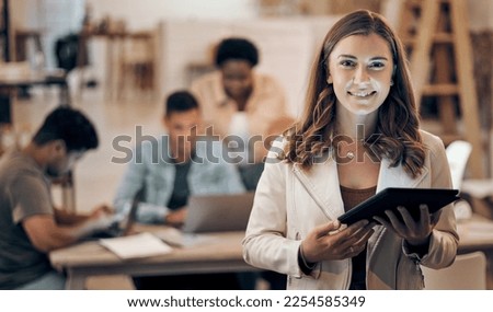 Business woman, tablet and portrait of a digital developer professional with team ready for work. Tech employee, company vision and web job of a female ready for information technology project