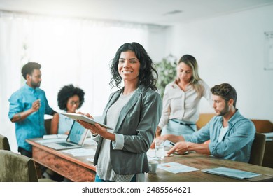 Business woman, tablet and portrait in office for creative agency, research and company planning. Graphic designer, technology and happy in workplace for website development, social media and app - Powered by Shutterstock