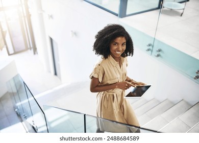 Business woman, tablet and portrait on stairs for communication, networking and check schedule. Female person, tech and steps with social media, conversation and online meeting calendar for work - Powered by Shutterstock