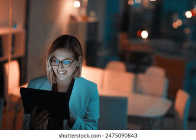 Business woman, tablet and typing with smile in office for corporate communication, internet research and networking. Female person, tech and working late night for project planning and email - Powered by Shutterstock