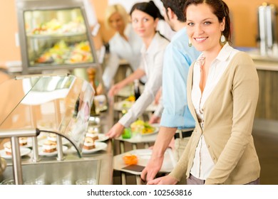 Business Woman Take Cafeteria Lunch Smiling Self Service Buffet Food