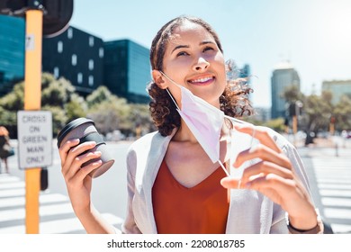 Business Woman Take Off Mask At End Of Covid With A Happy Smile In The City With A Cup Of Coffee. Pandemic Regulations Safety Update Or Social Distancing Change In Public And Business Environment