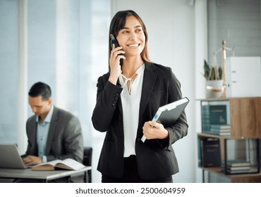 Business woman, talking and phone call for lawyer networking about labor law case in office, Thinking, smile and corporate attorney with legal consultation with communication and expert advice - Powered by Shutterstock