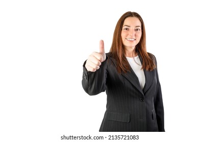 Business Woman With Thumb Up. Isolated On White Background. 40-45 Years Old Caucasian Woman.