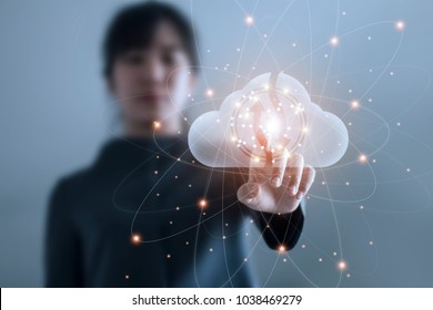 Business Woman Touching Connect To Data Information On Cloud Computing Network. Cloud Computing Concept.