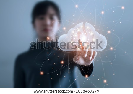Business woman touching connect to data information on cloud computing network. Cloud computing concept.