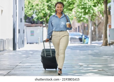 Business Woman Travel To Airport, Hotel Or Office For Corporate Success Of Black Entrepreneur And Happy Worker With Motivation. Portrait Of Young Professional Walking In City Street With Suitcase