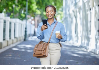 Business woman typing on 5g phone, networking and communication with worker reading a message on facebook or WhatsApp in city. Happy African corporate employee worker with smile on social media