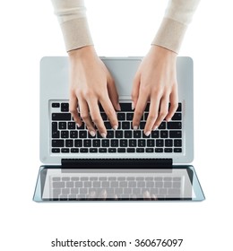 Business Woman Typing On A Laptop Keyboard On White Background, Top View, Hands Close Up