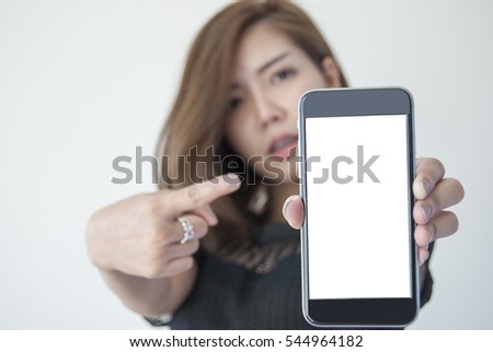 Business woman use smart phone with white background.