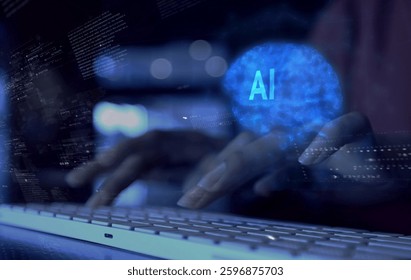 business woman uses brain AI artificial intelligence brain on big data matrix Animation Big Data Processing, Science, Generative technology, commands, prompts, learning