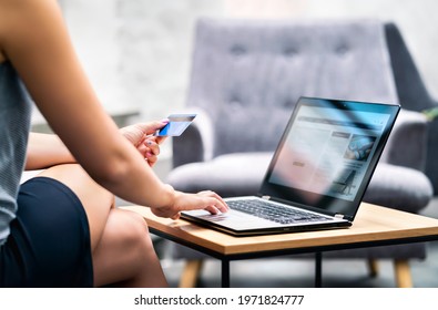 Business Woman Using Credit Card Payment To Purchase. Online Bank Identification And Website In Laptop. E Commerce Transaction Data And Information For Security From Fraud. Electronic Money Transfer.