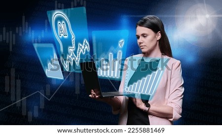 Business woman using laptop, artificial intelligence in strategy business investment