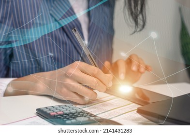 Business Woman Using Laptop And Calculator Analyzing Sales Data. Economic Growth Chart. Business Strategy. Digital Marketing