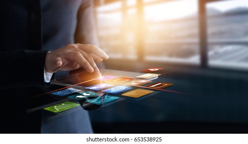 business woman using mobile payments online shopping and icon customer network connection on virtual screen, m-banking and omni channel