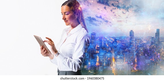 Business Woman Using Tablet Analyzing Sales Data And Economic Growth Graph Chart. Business Strategy. Abstract Icon. Digital Marketing.