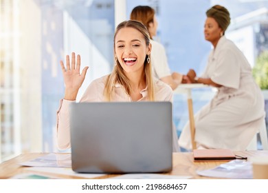 Business Woman, Video Call And Communication With 5g Network, Laptop And Technology In Luxury Spa With Smile. Video Conference, Virtual And Happy Girl With Computer Smiling, Conversation Or Webinar