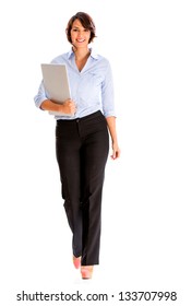 Business Woman Walking And Carrying A Laptop - Isolated Over White