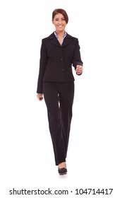 Business Woman Walking In Full Length On White Background