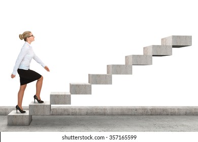 Business Woman Walking Up A Staircase. Isolated On White
