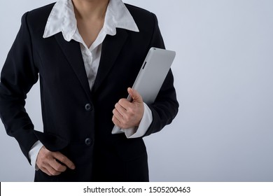 Business Woman Wear Suit Holding Ipad On White Background.