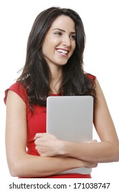 Business Woman Wearing A Red Dress With A Laptop.