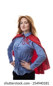 Business Woman Wearing A Super Hero Cape With Wind In Her Hair