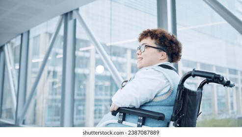 Business, woman in wheelchair at office thinking with smile and commute to work in morning. Opportunity, equality and happy businesswoman with disability in workplace with access, inclusion and pride - Powered by Shutterstock