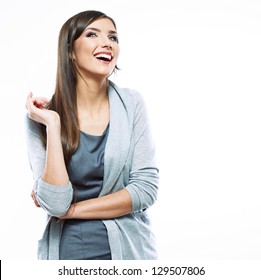 Business Woman  White Background Isolated. Female Business Model With Long Hair . Smiling Young Business Woman