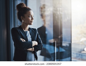 Business woman, window and thinking for vision, goals and future of career with ideas, mission and mindset. Young businesswoman, focus and ambition in workplace with memory, reflection and dream - Powered by Shutterstock