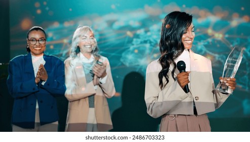 Business woman, winning and award for speech or presentation with achievement or congratulations at seminar. Employee, celebration and prize for public speaking, thank you and promotion success - Powered by Shutterstock