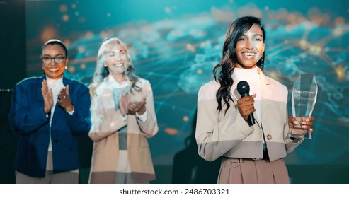 Business woman, winning and trophy for presentation with achievement, speech and congratulations at seminar. Indian employee, celebrate and award for public speaking, thank you and promotion success - Powered by Shutterstock