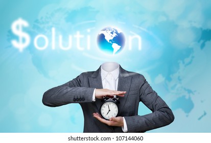 Business woman without head holding alarm clock. Freelance work concept - no authority, no staff, no problems