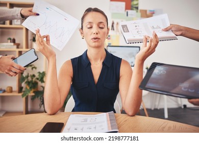 Business woman with work stress doing meditation, employee and worker breathing for peace, wellness yoga to relax and zen hands working at startup company. Corporate manager doing spiritual exercise - Shutterstock ID 2198777181