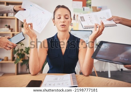 Business woman with work stress doing meditation, employee and worker breathing for peace, wellness yoga to relax and zen hands working at startup company. Corporate manager doing spiritual exercise