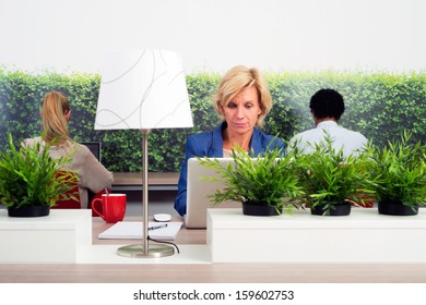 Business Woman Working In A Green Hot Desk Flexible Office Space