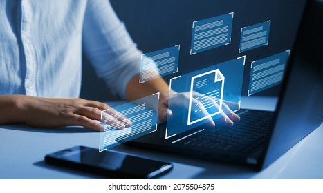Business Woman working at laptop computer and digital  documents with checkbox lists. Law regulation and compliance rules on virtual screen concept.
 - Shutterstock ID 2075504875
