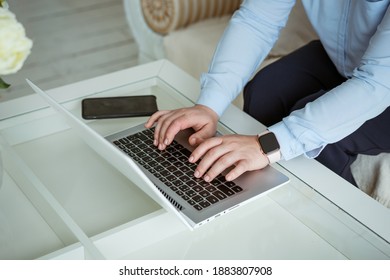 Business Woman Working At Laptop, No Face