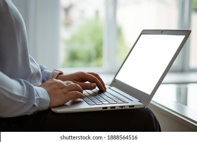 Business Woman Working At Laptop, No Face