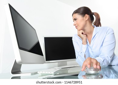 Business Woman Working In Office At Desk In Front Of Computer, Empty Screen And Mouse Click, Isolated On White Background