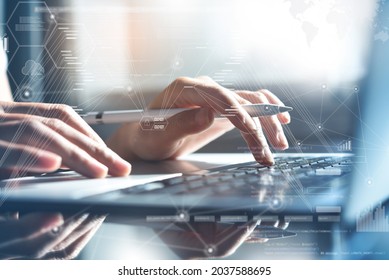Business woman working on laptop computer at office, digital diagram, personal data, financial graph interfaces and internet network technology icons, futuristic virtual screen. business intelligence