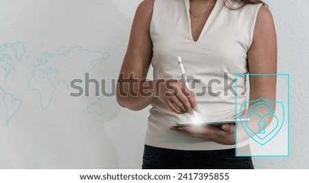 business woman working on tablet ,concept of cyber security two factor authentication , and vpn on white background with copy space .