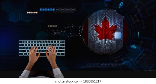 Business Woman Works On Touch Screen About Canada