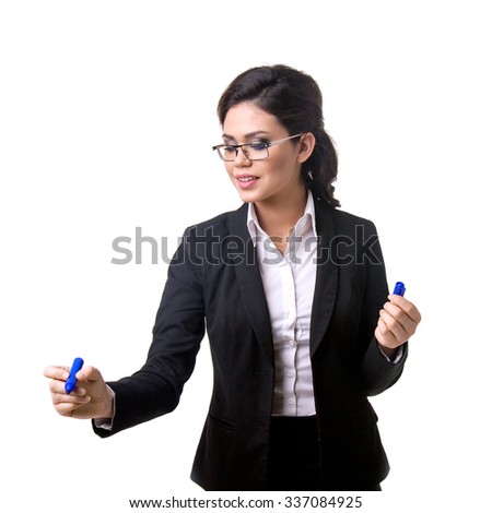 Business woman writes marker on glass