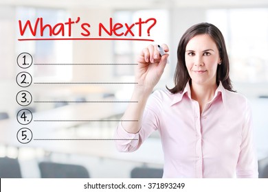 Business Woman Writing Blank What's Next? List. Office Background. 