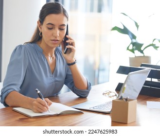 Business, woman writing and phone call in office, conversation or confirm schedule. Female employee, assistant or administrator make notes, cellphone for connection or planning for marketing calendar - Shutterstock ID 2247625983
